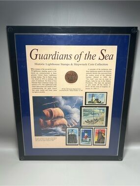 Guardians of the Sea Framed Lighthouse Stamp and Shipwreck Coin Wall Art